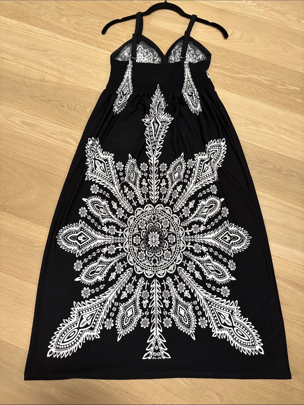 Point Zero (S) Black Midi Dress White Paisley Print White Smocking Sundress - Picture 9 of 14